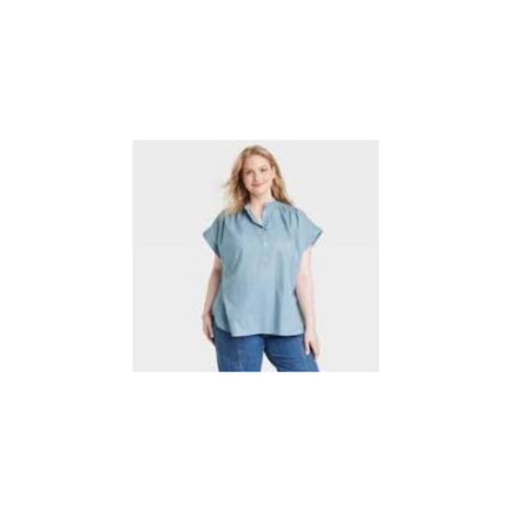 Women's Popover Short Sleeve Blouse - Universal Thread™ Blue S